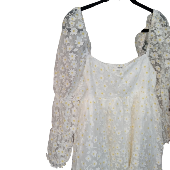 Storia Daisy Tiered Babydoll Dress Puff Sleeves White & Yellow NWT Size Large - Picture 9 of 14